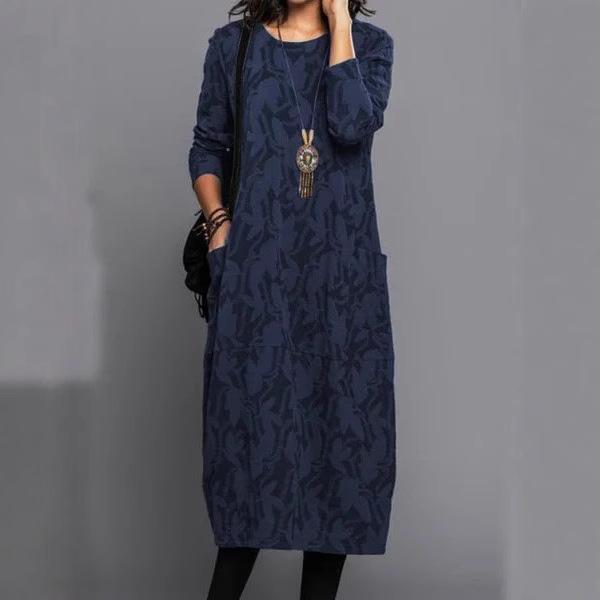 Spring/Autumn Casual Print Round Neck Long Sleeve Pocket Dress for Women