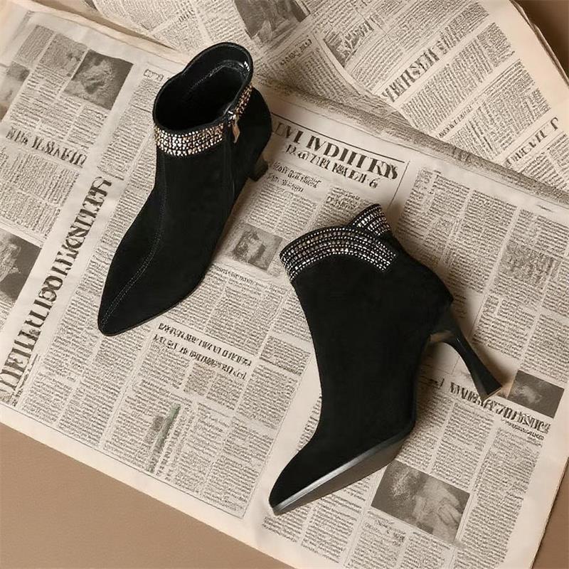 Удобные ботильоны на высоком каблуке яркие матовые ботильоны на тонком каблуке с бриллиантами новые замшевые кожаные туфли на толстом каблуке подчеркивающие темперамент 40 3790₽