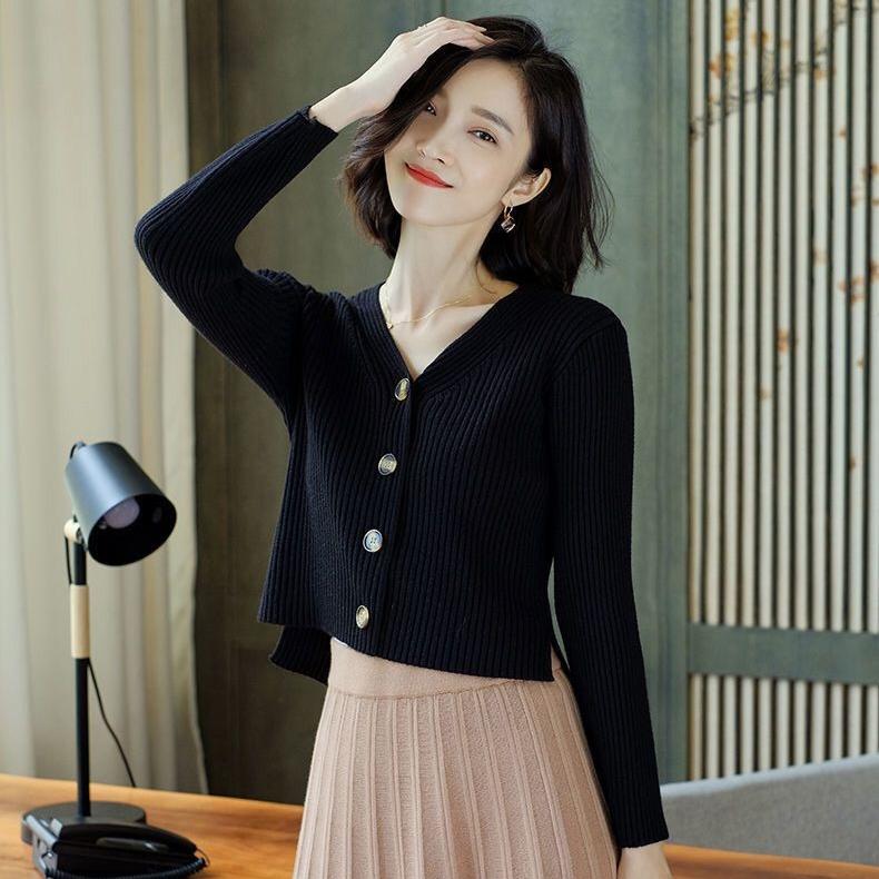 Spring Autumn Women's Short Cardigan Casual Solid Color Slim-fit Knitted Cardigan V-neck Long-sleeve Knitted Top