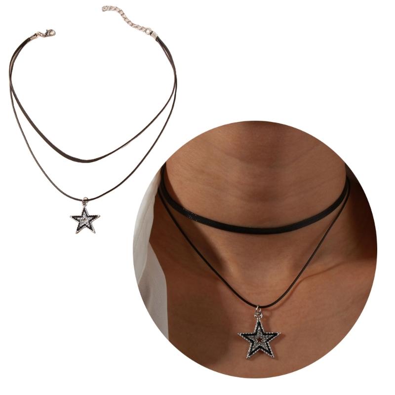 Niche Double Layer Leathers Rope Alloy Five-Pointed Star Necklace Female Hip-hop Cold Wind Long Sweater Neck Chain