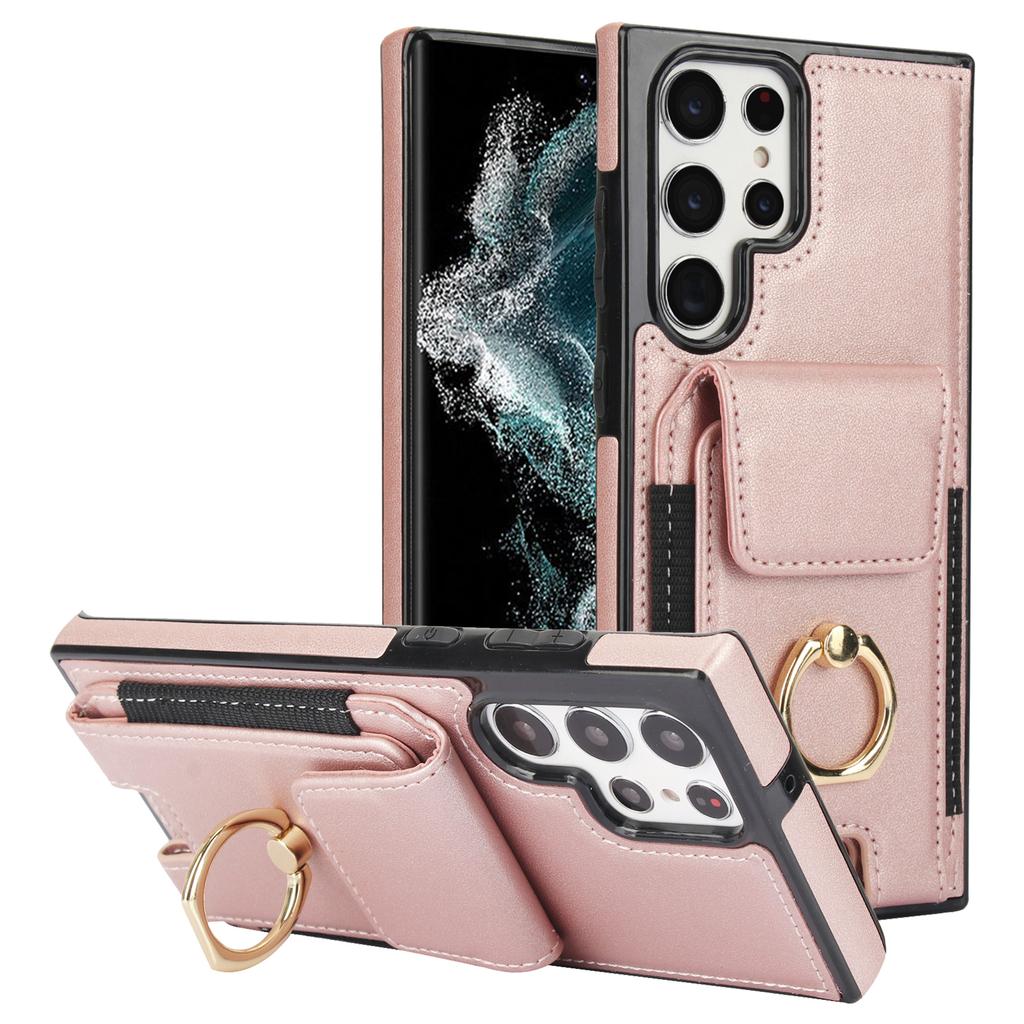 For Samsung Galaxy S22 Ultra 5G Case Card Holder Leather Coated TPU Kickstand Cover