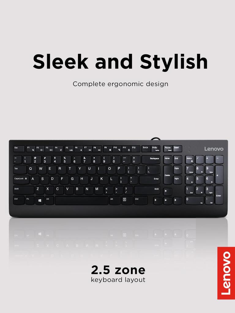 Lenovo 300 USB Wired Keyboard with Adjustable Tilt, Ergonomic Design, for Windows 7/8/10, GX30M39655, Black