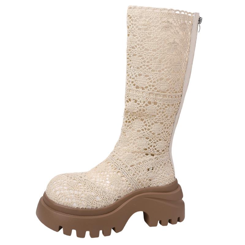 Hollow retro versatile thick-heeled thick-soled boots women's autumn fashion round-headed small thick-heeled high-heeled fashion boots