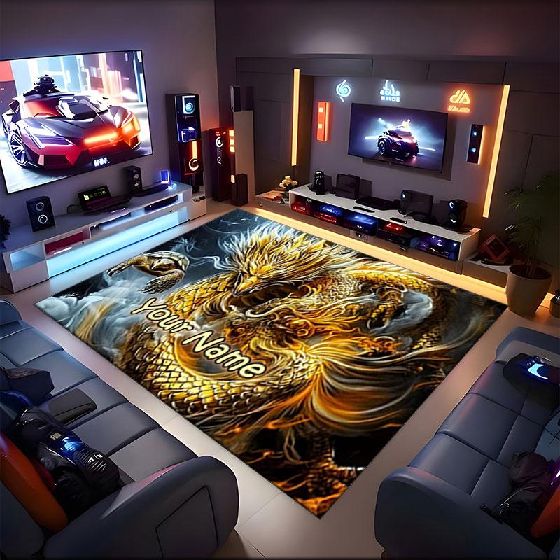 1PC Custom Name Golden Dragon's Majesty Theme Floor Mat Ideal for Living Room, Game Rooms, Office, Bedroom,Floor Mat Playful Design