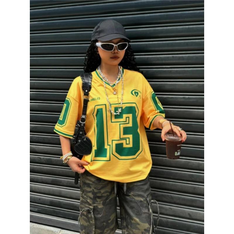 Stampa Los Angeles Numero 13 Moda Donna Maglietta a Maniche Corte con Scollo a V Estate Tee Maglie da Baseball Quotidiane Top Sportivi Larghi Tee