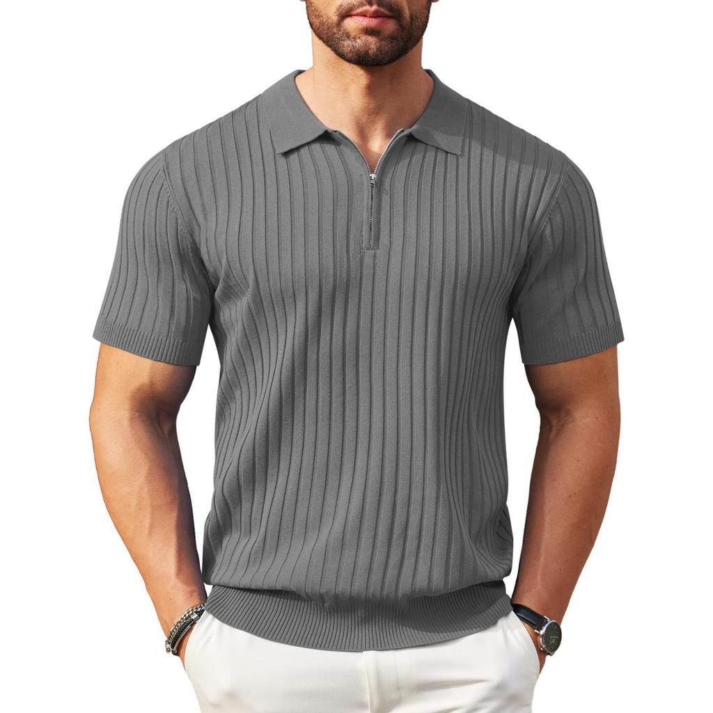 Men Short Sleeve Polo Shirt Knitted Ribbed Zip Collar Casual Modern Fit Lightweight Pullover Top for Everyday Wear