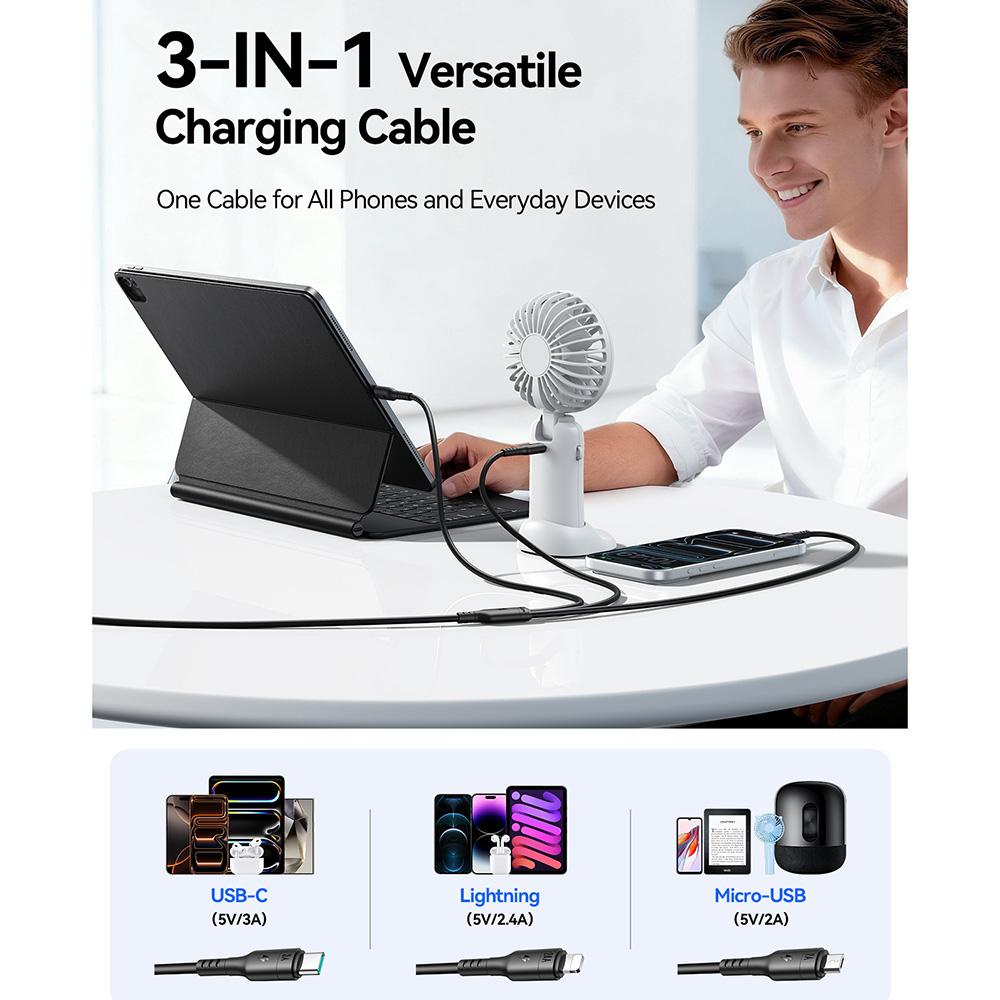 JOYROOM S-A61 3 in 1 Charging Cable Type-C to Type-C/iP/Micro USB 3.5A 1.2m Fast Charging Cord