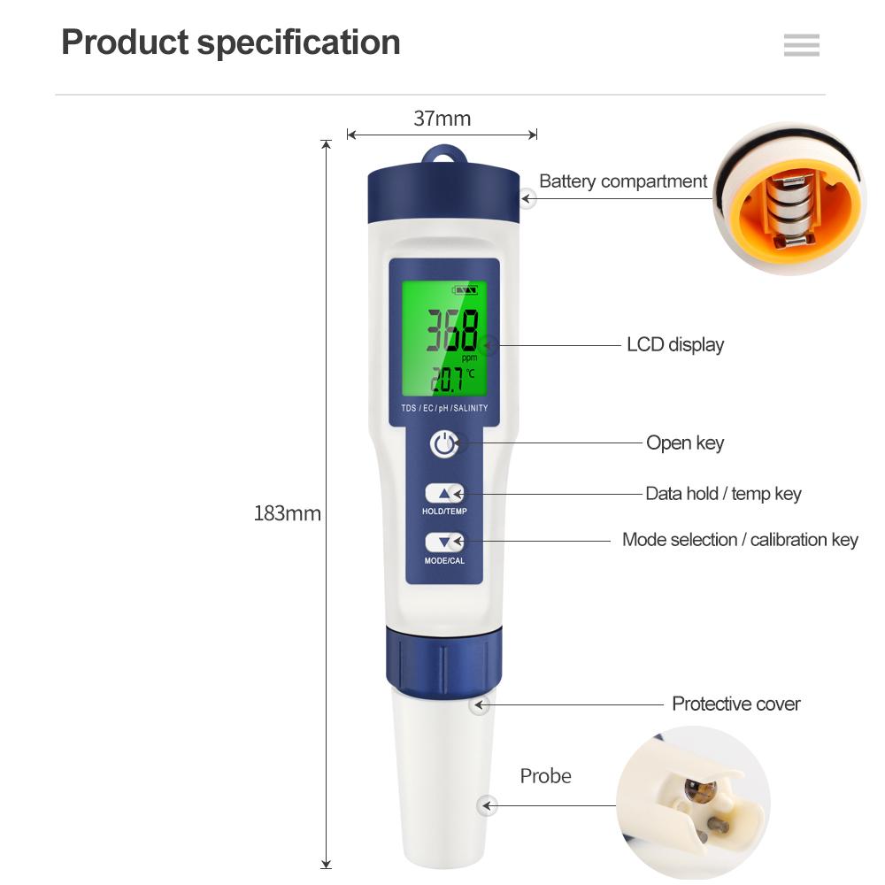 5 In 1 Digital PH TDS EC Meter Salinity Temperature Tester Conductivity Water Filter Purity Pen with Backlight