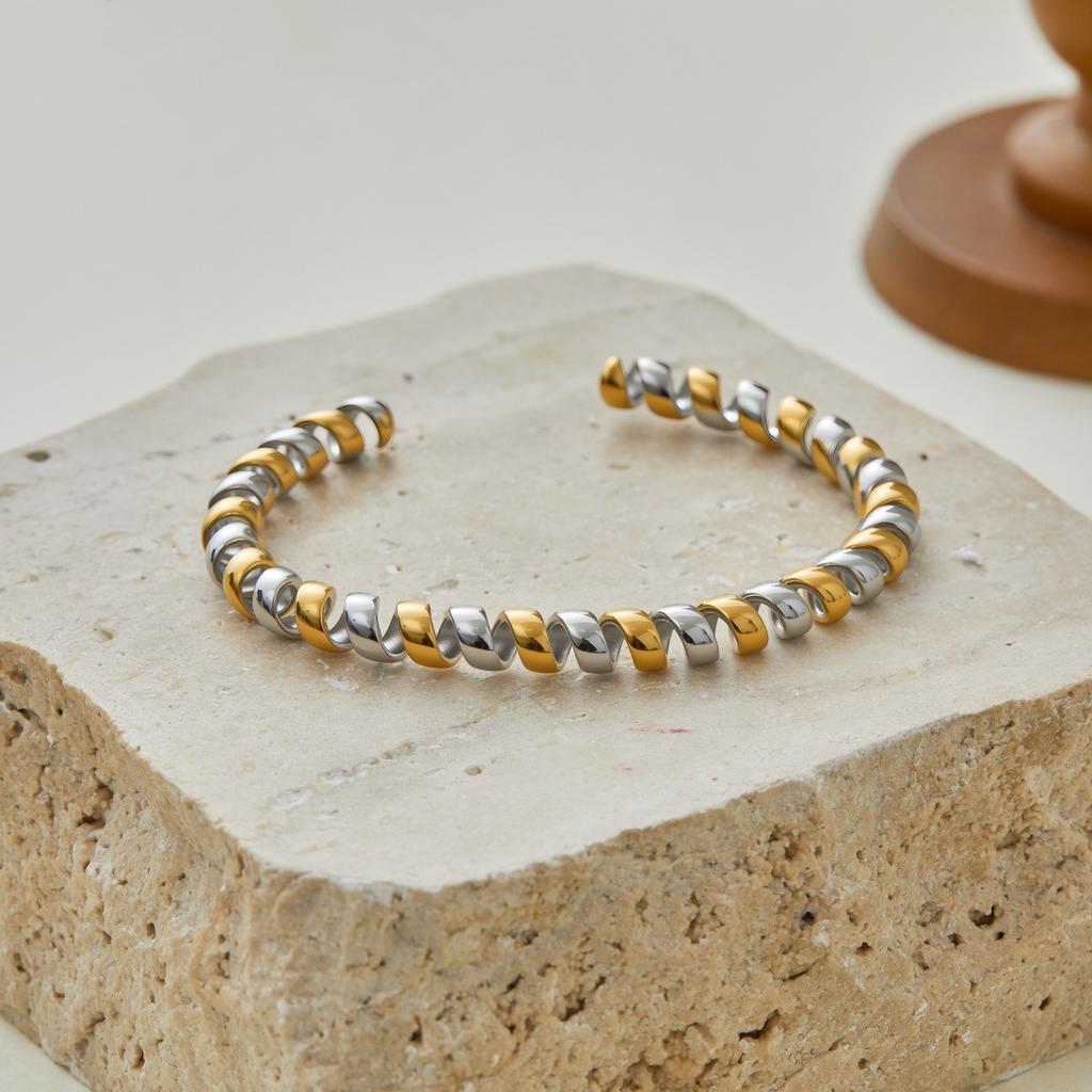GEMCHIC Women's Gold and Silver Plated Stainless Steel Beaded Bracelet Geometric Twist Design