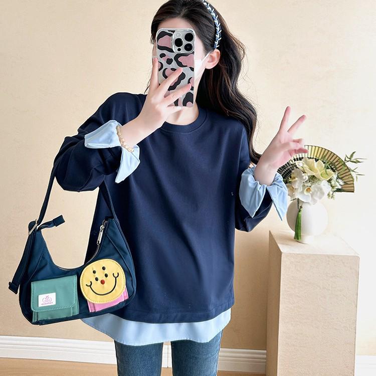 

Navy Blue Maternity Two-Piece Spring Hoodie and Long Sleeve Top Set - Loose Fit, Plus Size Fashion for Autumn L