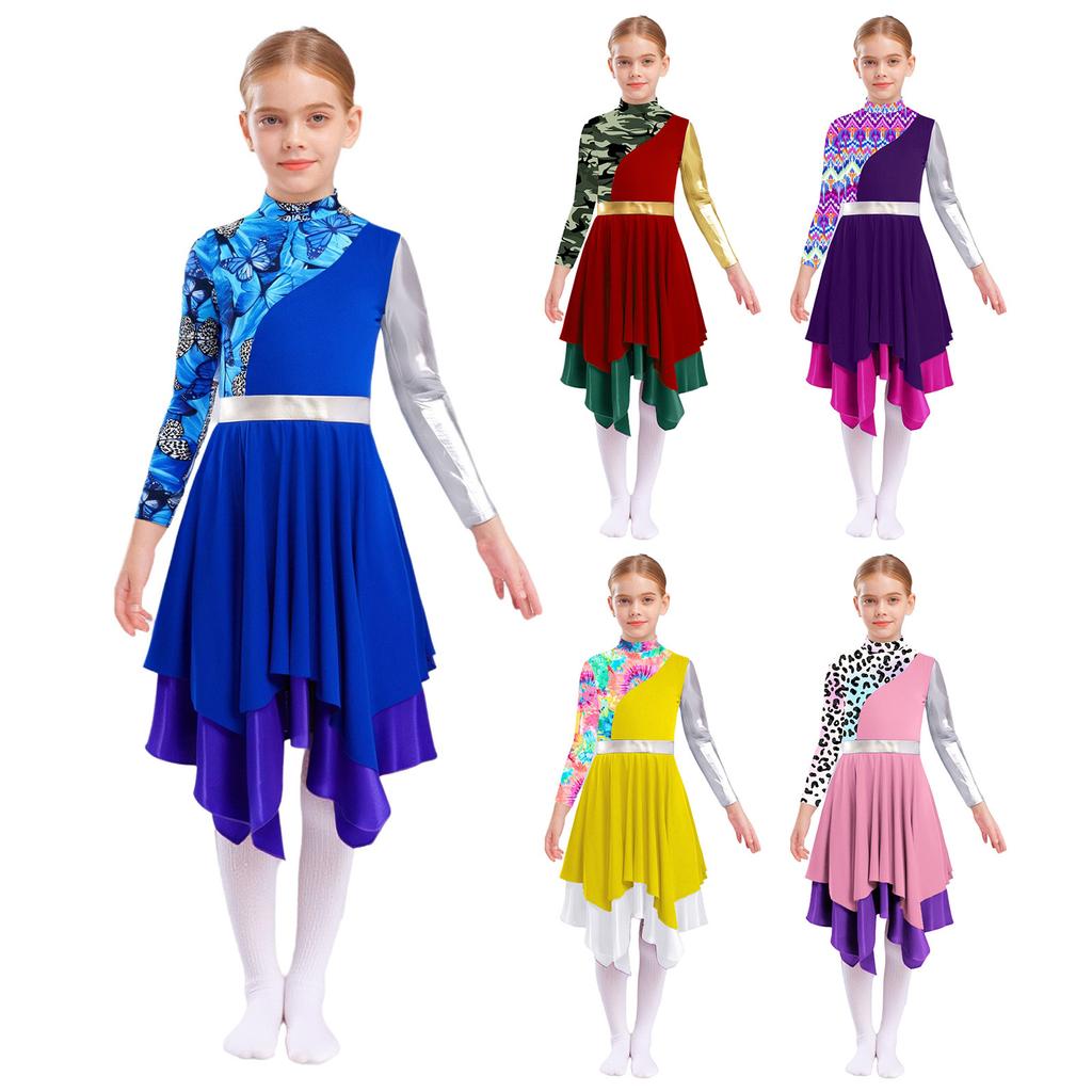 Mädchen Liturgisches Lobpreis Tanzkleid Stehkragen Langarm Verdeckter Reißverschluss hinten Metallic Colorblock Tanzbekleidung