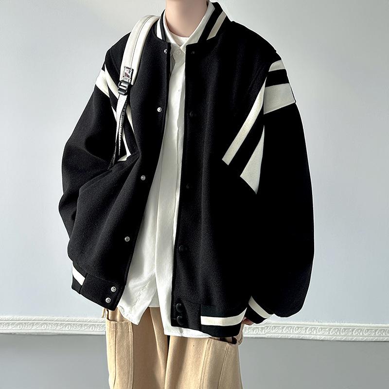 Men's Retro Wool Color Block Baseball Jacket - Trendy, High-End, Versatile Coat for Spring and Autumn.