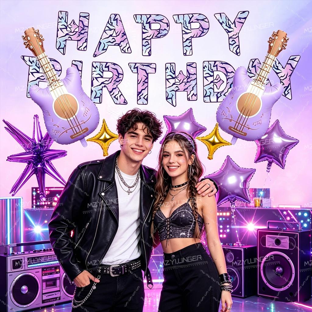 Music Themed Balloon Set, Happy Birthday Banner, Guitar Balloon for Rock Music Parties, Disco Pop Music Themed Party Decoration