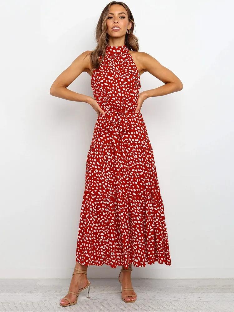 Women's long dress popular new neck polka dot printing lace-up dress