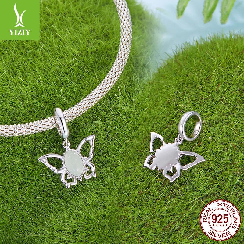 925 Sterling Silver Butterfly Pendant Natural Jade Animal Beads Diy Bracelet Beaded Accessories