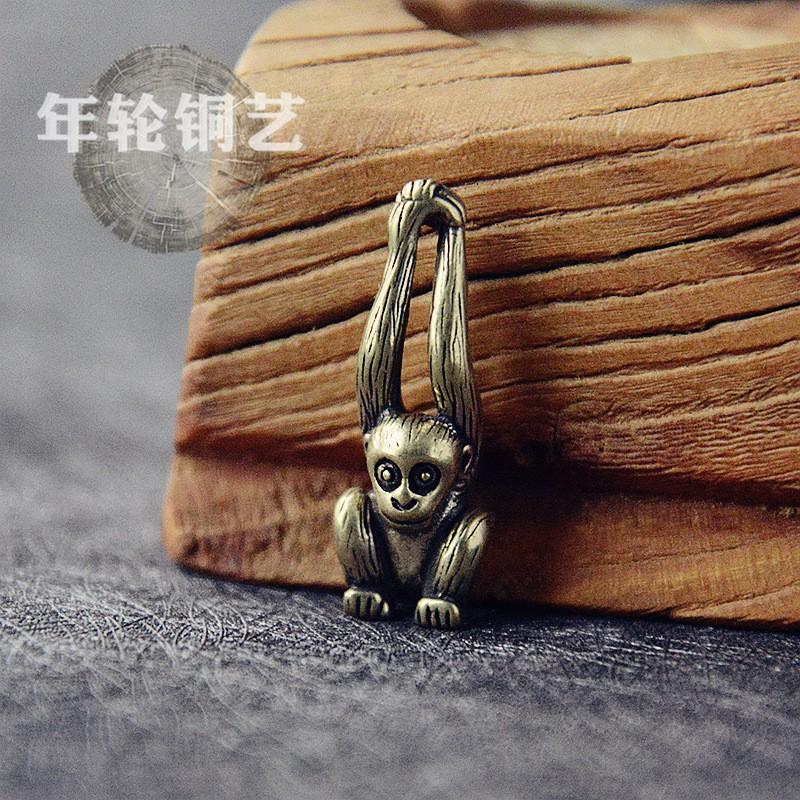Handcrafted Antique Brass Gibbon Monkey Keychain Pendant Small Copper Ornament Ethnic Style Small-sized Long-armed Gibbon Monkey Charm
