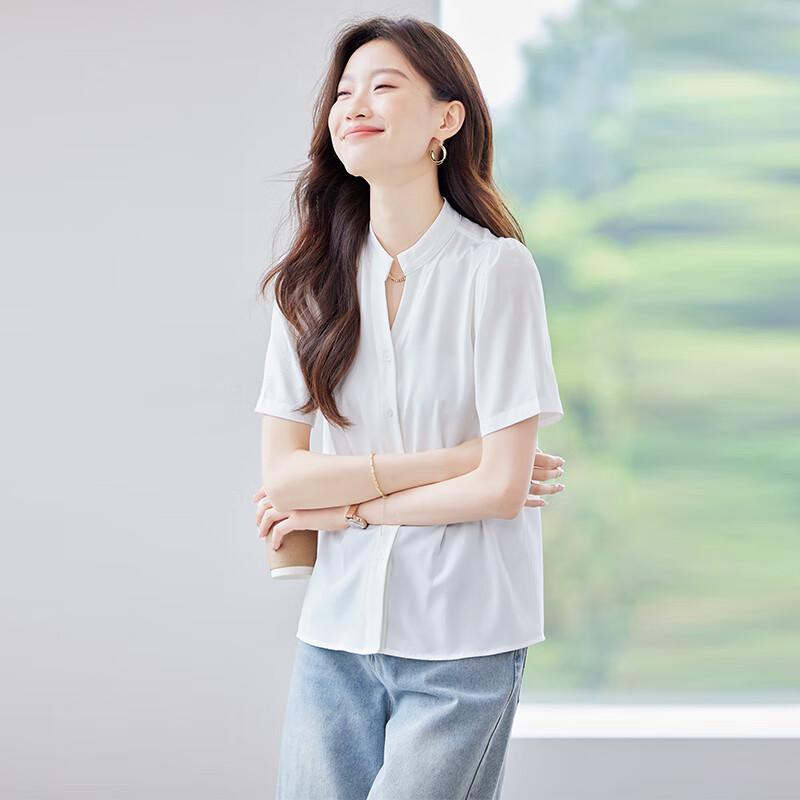 Teluoman Women's Elegant V-Neck Chiffon Short-Sleeve Blouse
