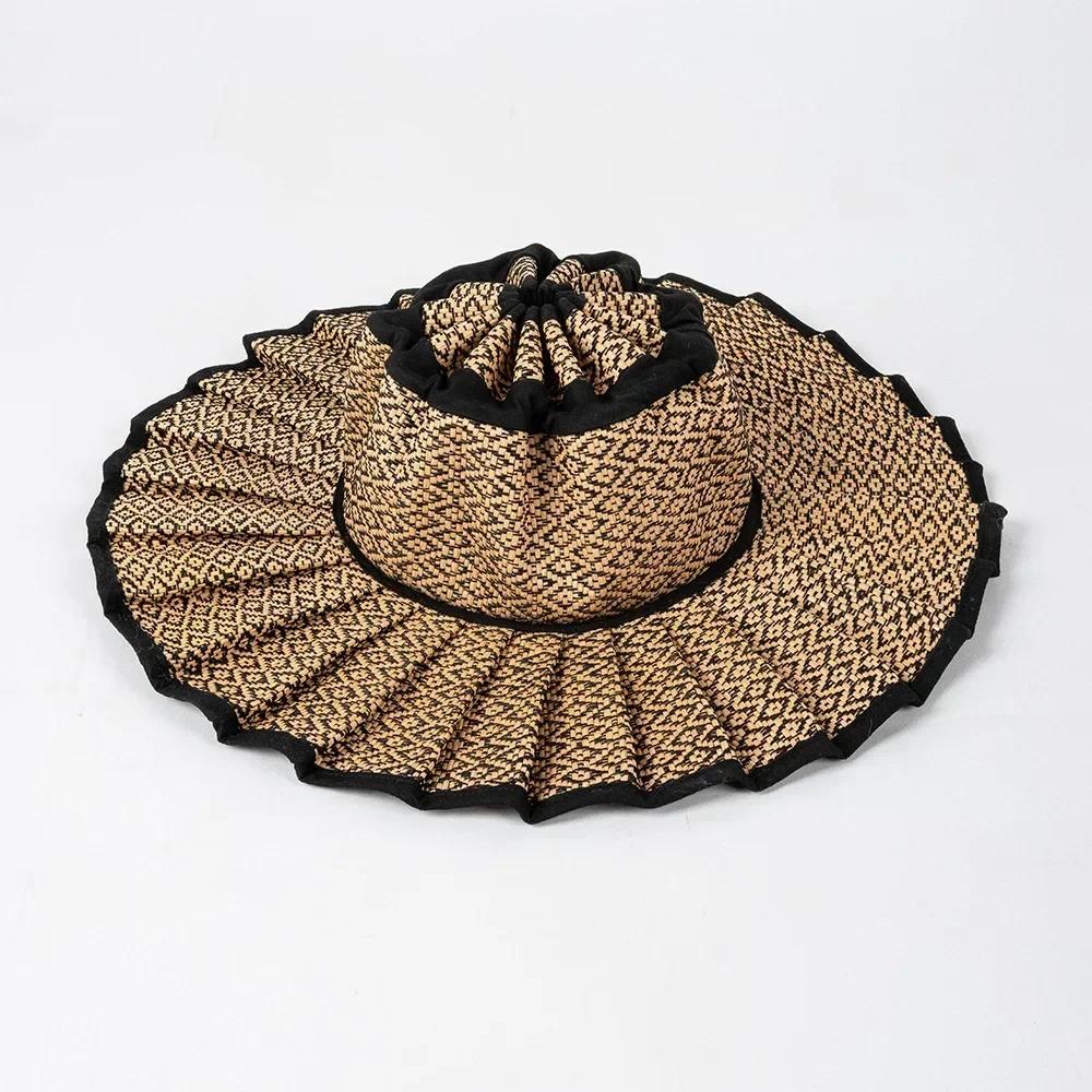 Y2K Parent-Child Summer Reversible Pleated Sun Hats for Women Casual Straw Hat Outdoor Beach Shade Straps Lady Gorras Para Mujer
