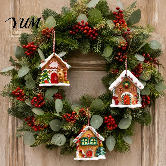Christmas Fireplace Decorations 12Pcs Wooden Gingerbread House Ornaments for Tree Decorations, Rustic Hanging Xmas Decor with Festive Candy