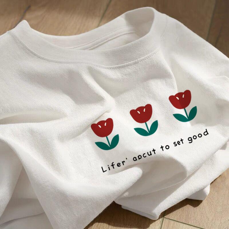 Heavy cotton cartoon print short-sleeved t-shirt women's 2025 new summer loose large size white crew neck top