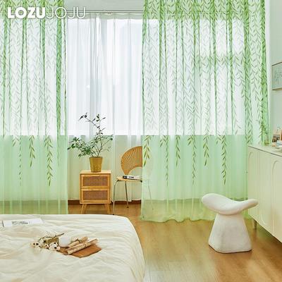 1PC Green Transparent Window Screen Willow Leaf Pattern Offset Printing Curtain Tulle Sheer for Living Room Bedroom Balcony Home Decor LOZUJOJU