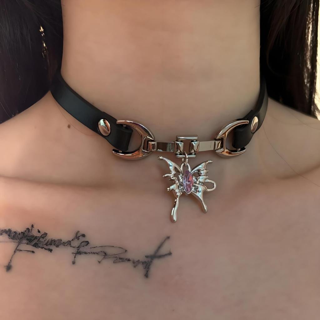 European and American cross-border y2k babes butterfly leather collar punk rock choker collarbone chain necklace foreign trade jewelry