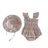 Baby Girl Summer Plaid Romper with Cap Short Flutter Sleeves Square Neck
