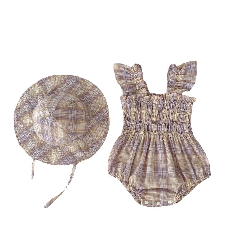 Baby Girl Summer Plaid Romper with Cap Short Flutter Sleeves Square Neck
