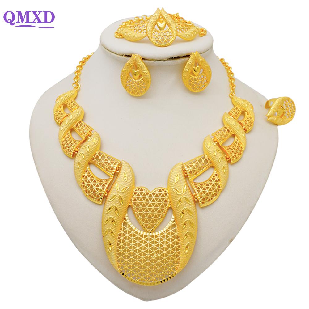 Fashion Indian Dubai Gold Color Jewelry Sets Big Necklace Earring Ring Bracelet Sets For Women African Bridal Wedding Gifts