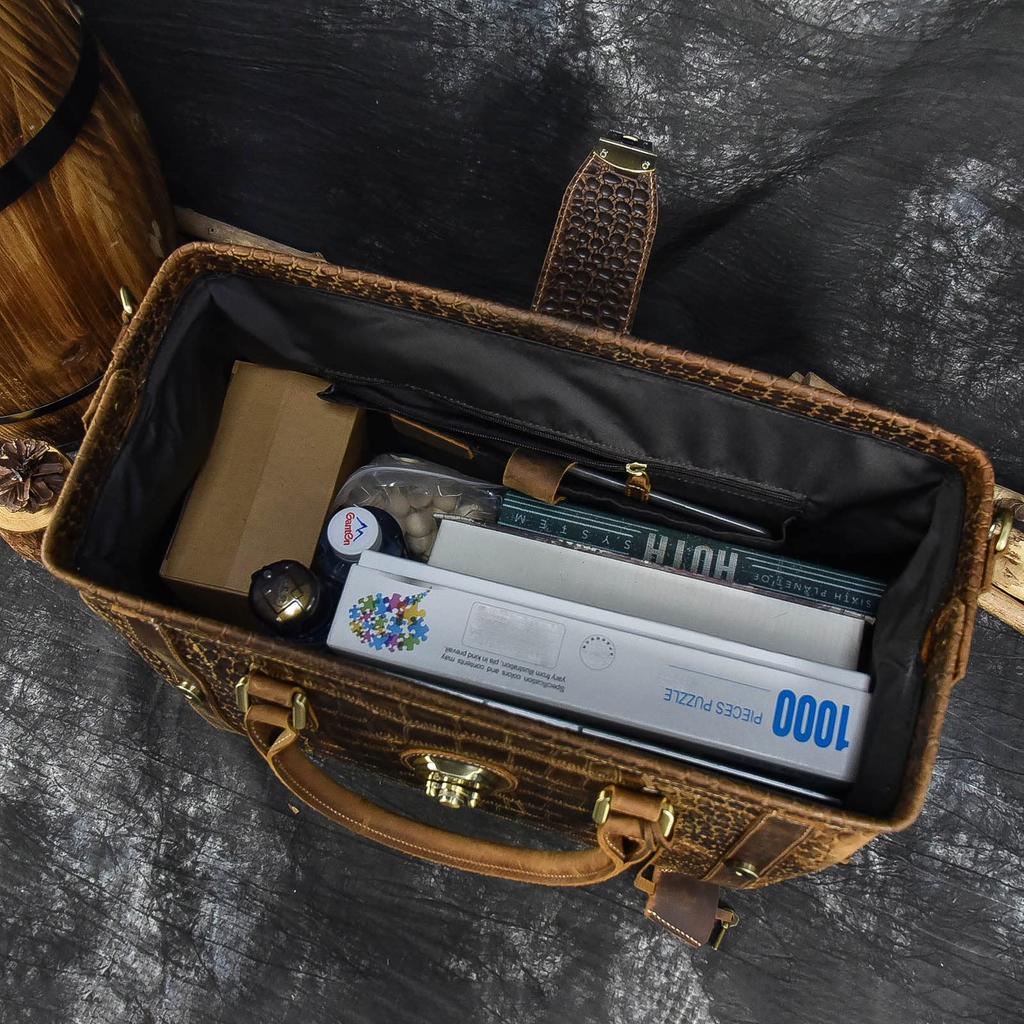 Genuine Leather Boston Bag for Large Fits Travel Cowhide Leather with Crocodile Handbag with Bottom Stands Metal Frame Shoulder Business Trip