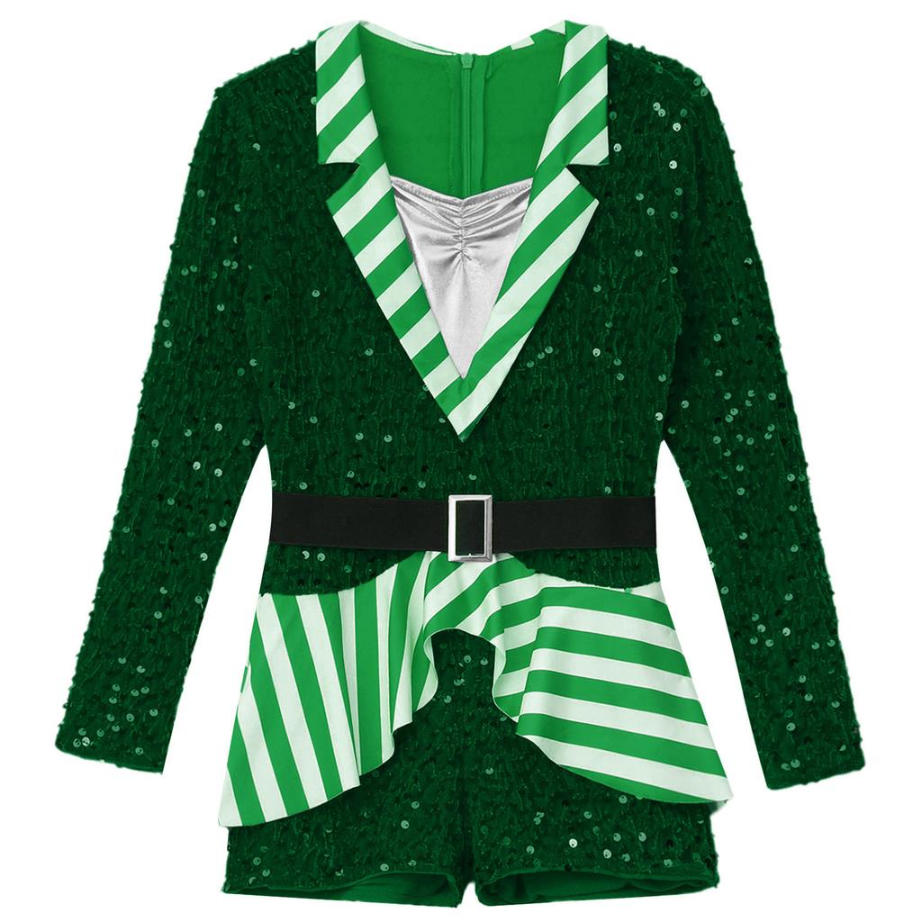Dziewczęcy strój świąteczny kołnierzyk z klapami długi rękaw cekiny paski laski cukierkowej body impreza świąteczna