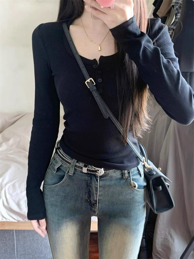 

Топ с длинным рукавом и U-образным вырезом с высокой талией - Женская осенне-весенняя рубашка, подчеркивающая ключицы Large