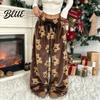 Bear Print Pajamas Women Plush Sleeping Pants Wide Leg Pajama Bottoms Pants Thickened Warm Lounge for Autumn Winter Home Wear Bottoms