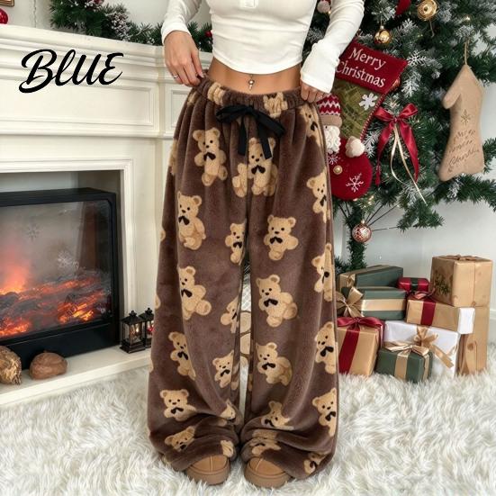 Bear Print Pajamas Women Plush Sleeping Pants Wide Leg Pajama Bottoms Pants Thickened Warm Lounge for Autumn Winter Home Wear Bottoms