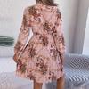 Women's Casual Elegant Flower Print Long Sleeve Tie Waist Long Sleeve Pleated Skirt Dress