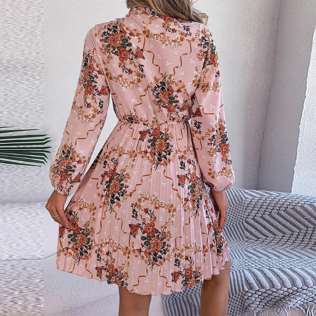 Women's Casual Elegant Flower Print Long Sleeve Tie Waist Long Sleeve Pleated Skirt Dress