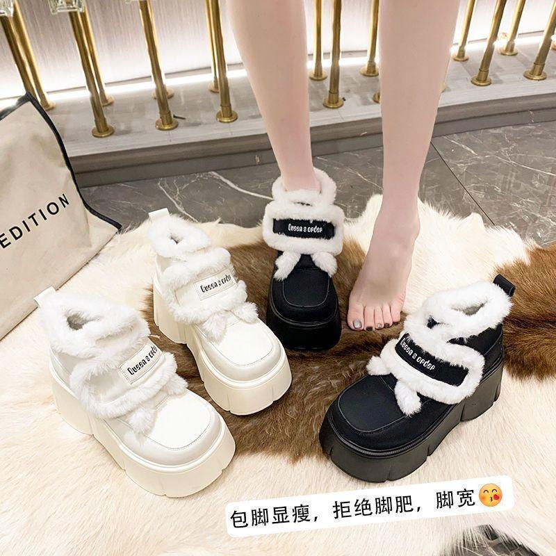 Winter new Velcro velvet thick-soled short tube warm cotton shoes inner height increase fluffy snow boots outer wear