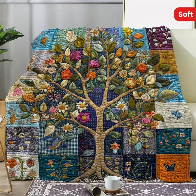 1PCS Retro Tree of Life and Plaid Flannel Blankets Soft and Colorful Flowers Blend Perfect Gift for Any Occasion Cute Blanket