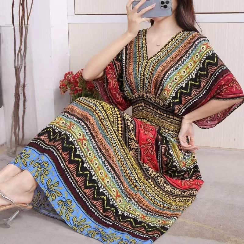Ethnic Style V-neck Cotton and Silk Short-sleeved Beach Dress Thailand Travel Dress Summer Print Vacation Floral Skirt