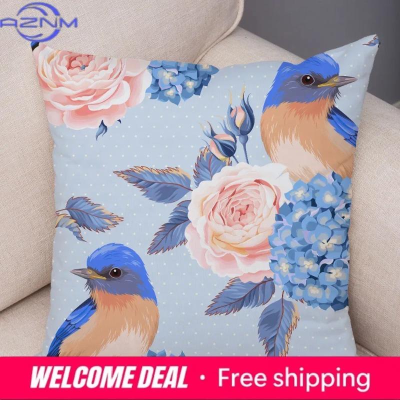 Nordic Style Rose Flower And Birds Pillow Case Cushion Cover For Car Sofa Super Soft Plush Decor Flower Plant Animal Pillowcase