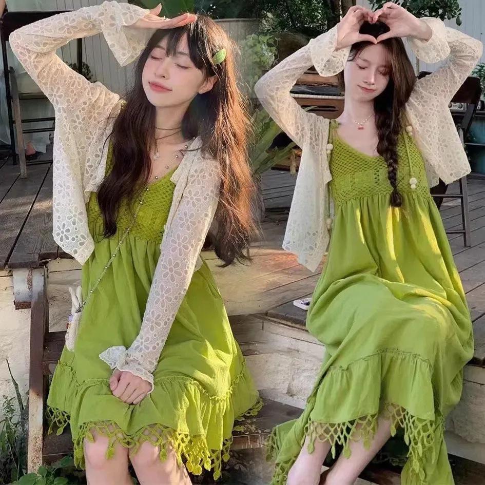 Bohemian Green Tassel Two-Piece Sleeveless Spaghetti Strap Summer Babydoll Mini Dress for Women