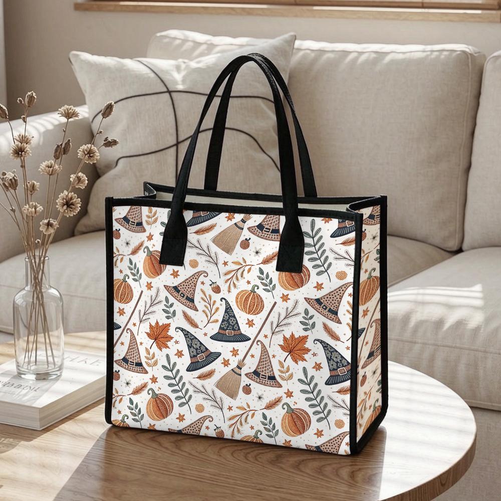 Autumn Witch Pattern Tote Bag Casual Portable Handbag for Halloween Daily Use