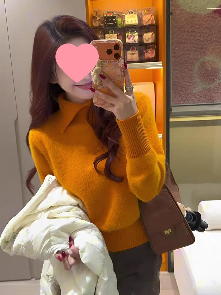 Women's Faux Mink Fur Knit Sweater: Soft, Fluffy Long Sleeve Lapel Pullover with Waist-cinching, Perfect for Autumn and Winter Commutes.