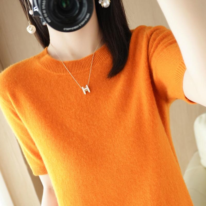 

GMXIA Пуловер, женская свободная футболка без кашемира с круглым вырезом, короткими рукавами и трикотажным низом, короткий топ на весну и осень XXL