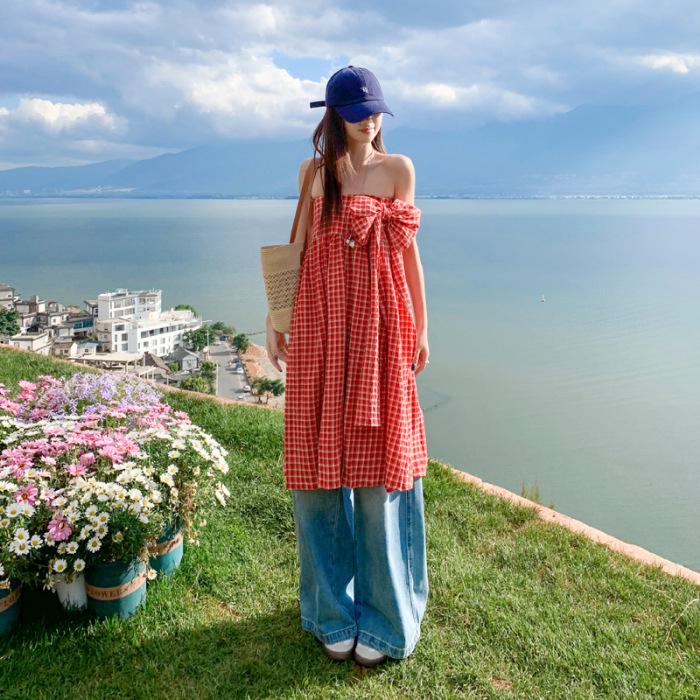 American Trendy Spicy Girl: Versatile Plaid Pleated Long Skirt + Strapless Plaid Umbrella Top