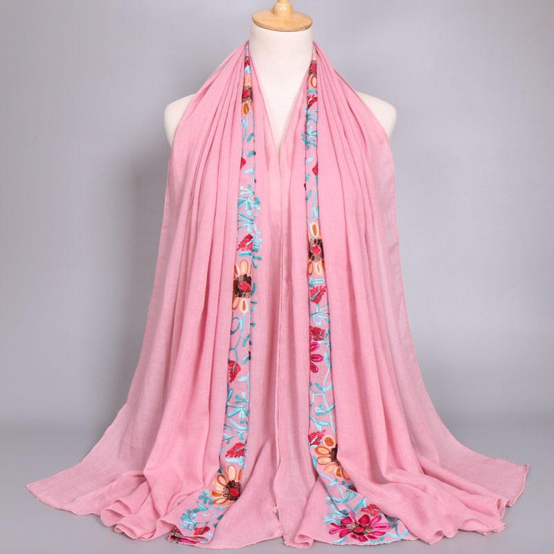 Autumn Fashion Embroider Viscose Scarf Women Plain Stitch Cotton Scarves Shawl Navy Blue Flower Sjaal Muslim Hijab Foulards
