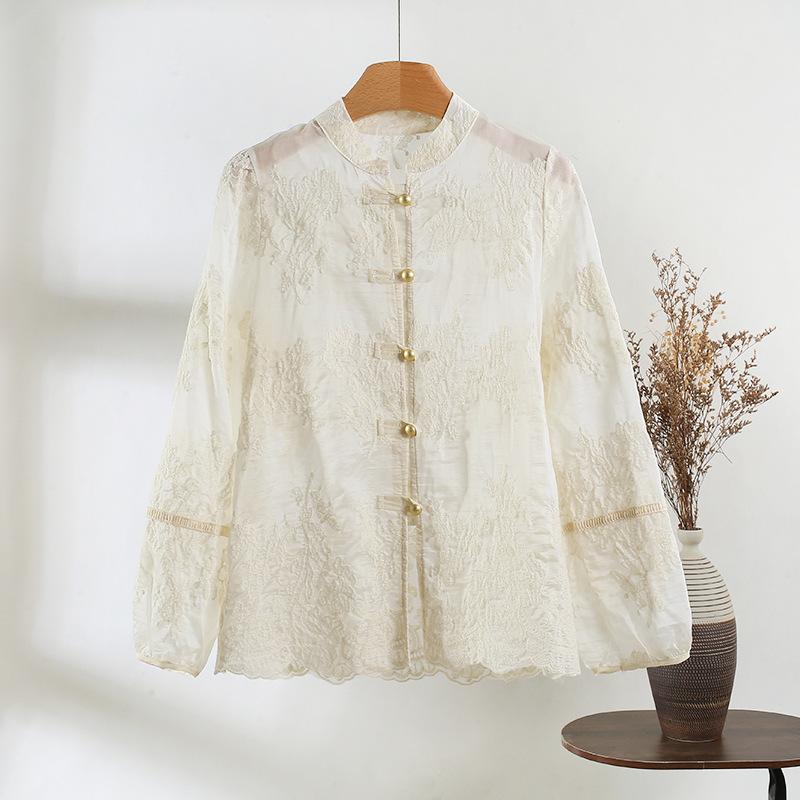 

Вышитая рубашка с воротником-стойкой, с длинным рукавом, свободная, новая, высококлассный темпераментный топ XXXL [Recommended 138-75kg]