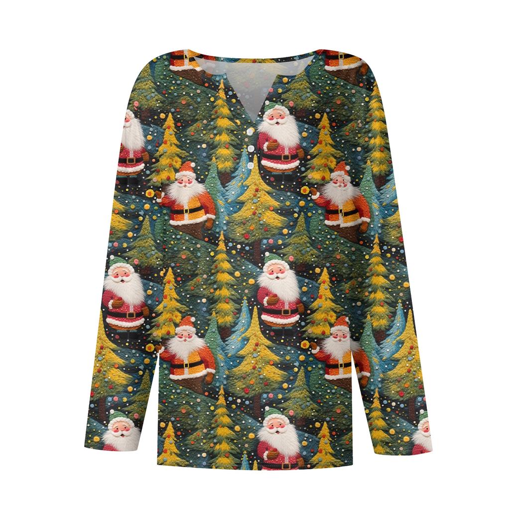 Women's Fashion Casual V-Neck Button-Up Long-Sleeve T-Shirt With Christmas Print Top