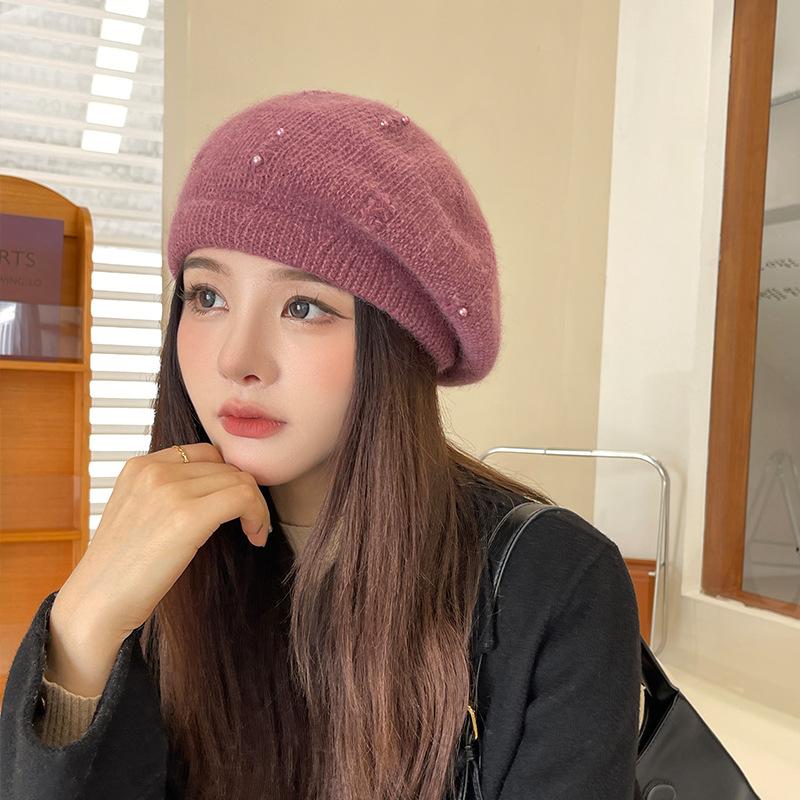 Winter Warm Cap Thermal Hat Women Beret Elastic Knit Solid Color Soft Thick Windproof Decorative