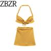 Zbzr Spring New Arrival Women's Clothing Fashion Artificial Jewelry Inlaid Hand-Woven Halterneck Vest Mini Skirt Suit